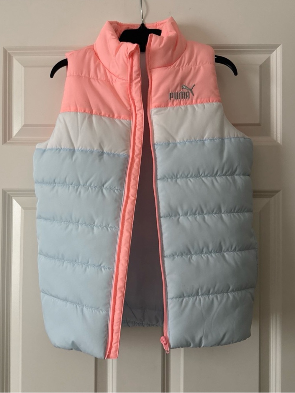 Puma Pink and White Colorblock Puffer Vest with Silver Logo# brand new